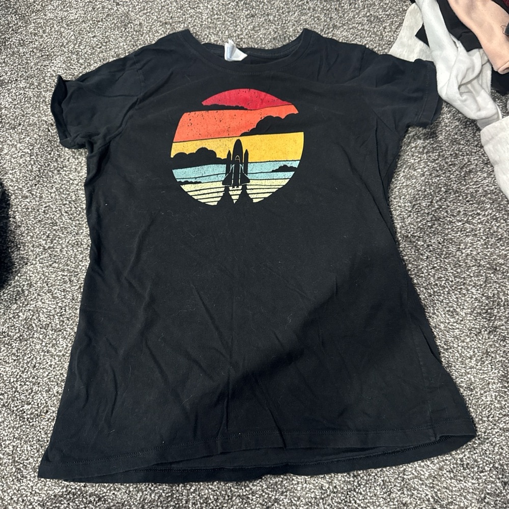 Kids Black Tee with Rocket and Sunset Design